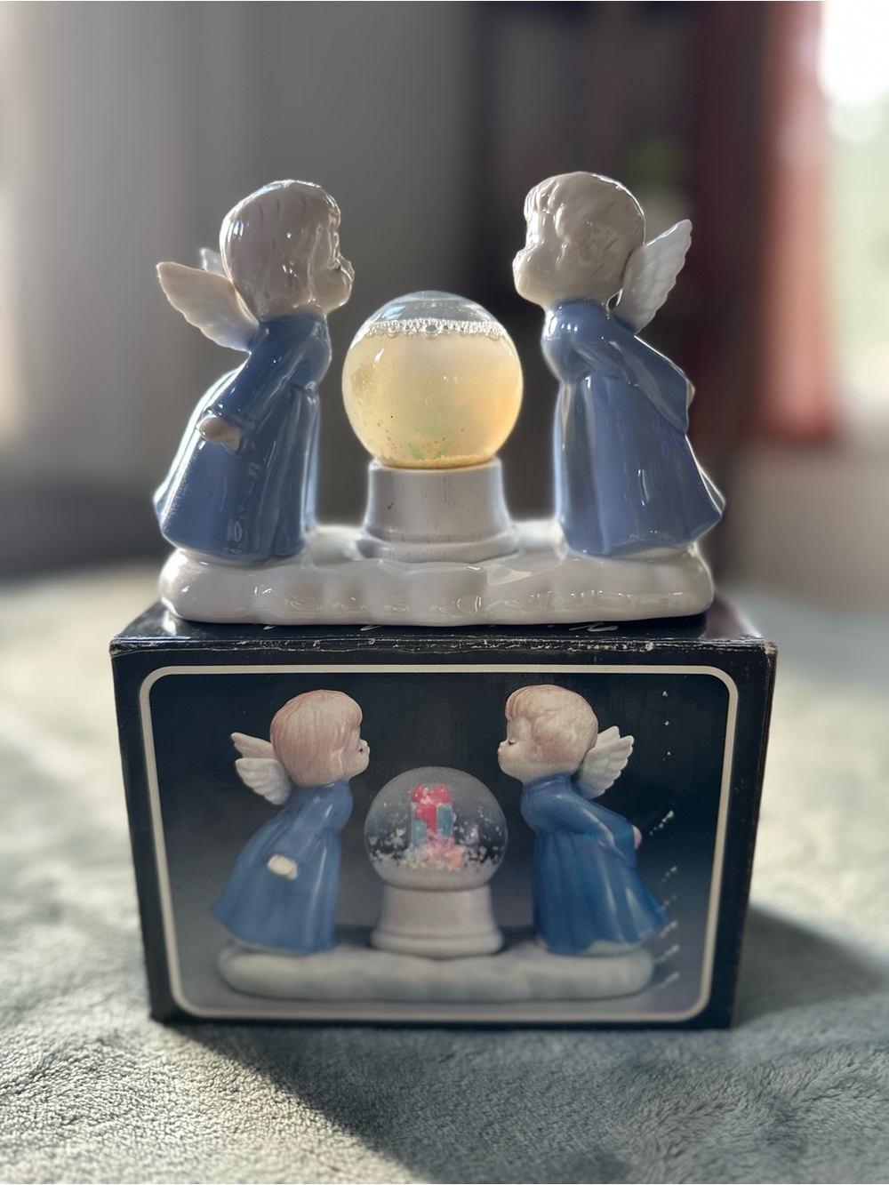 Vintage Porcelain Kissing Angel Figurine with Small Snowglobe - Original Box!